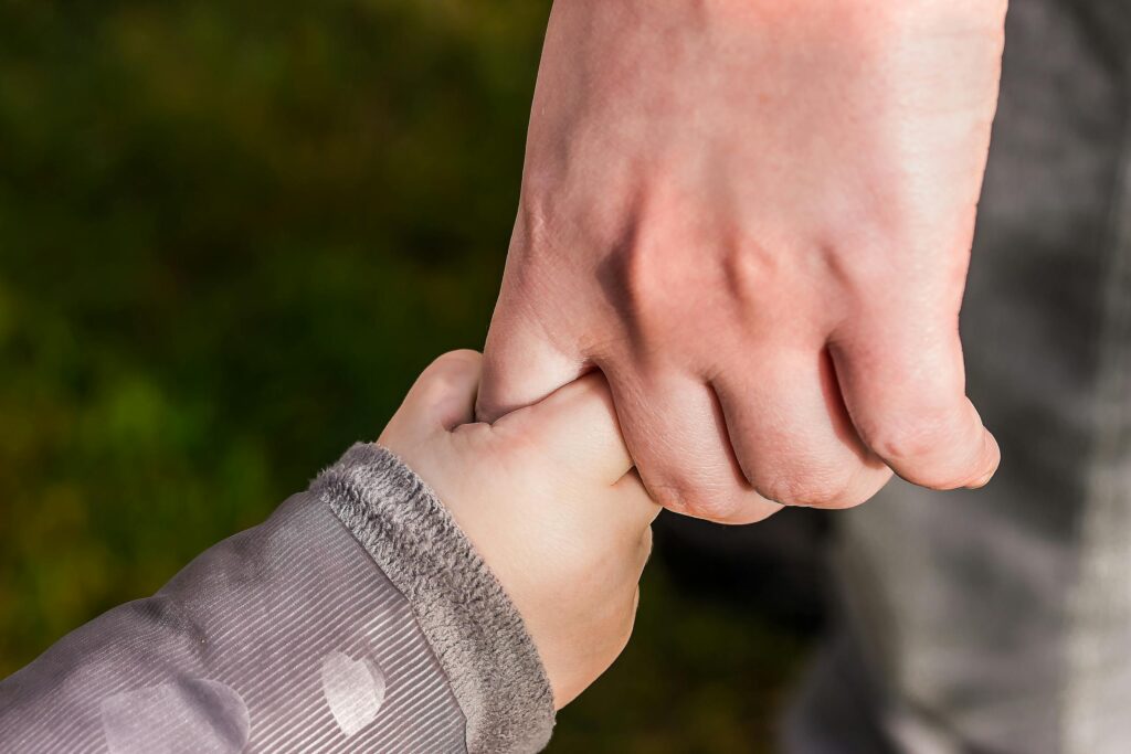 Photo by Pixabay A close-up of a child and parent holding hands in a park, symbolizing love and trust.